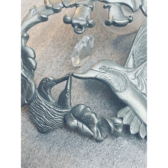 Pewter Hummingbird Window Decor Ornament W Nest Vine Flower Crystal Accent - Picture 4 of 5